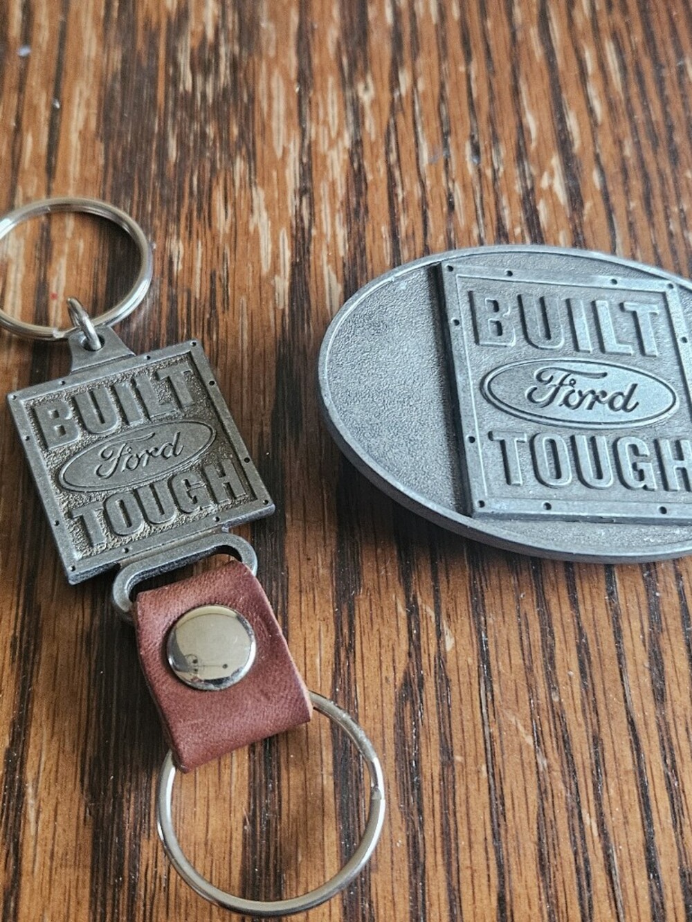 Vtg Pewter Built Ford Tough Belt Buckle & Key Chain Set Made In CANADA